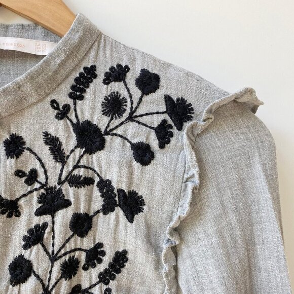 Zara Trafaluc Collection Womens Long Sleeve Button Shirt XS Gray Embroidered - Picture 4 of 13